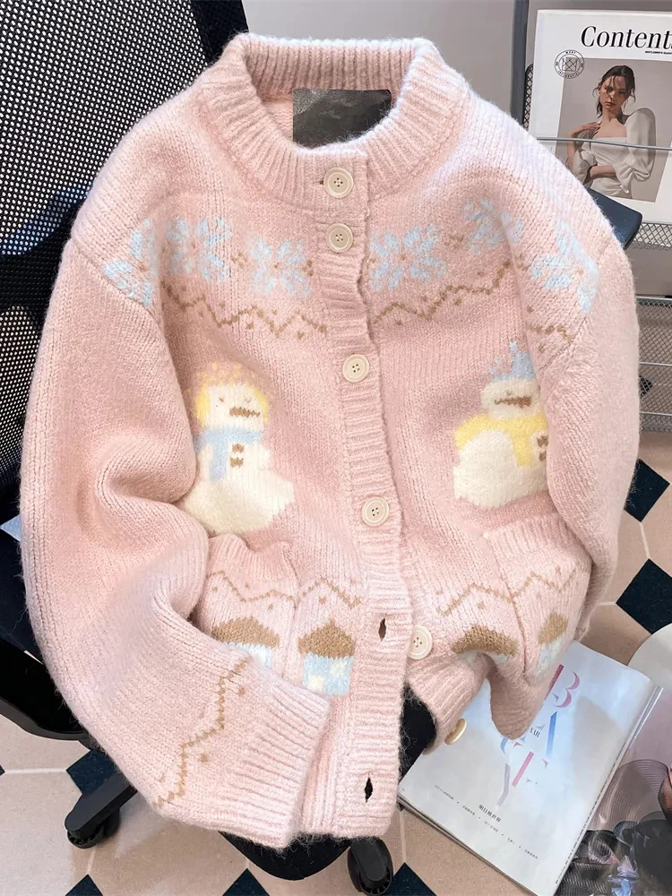 

Zoki милый снеговики розовый кардиган свитер женский винтажный сладкий принт свободное вязаное пальто Япония осень зима Kawaii женские топы с круглым вырезом