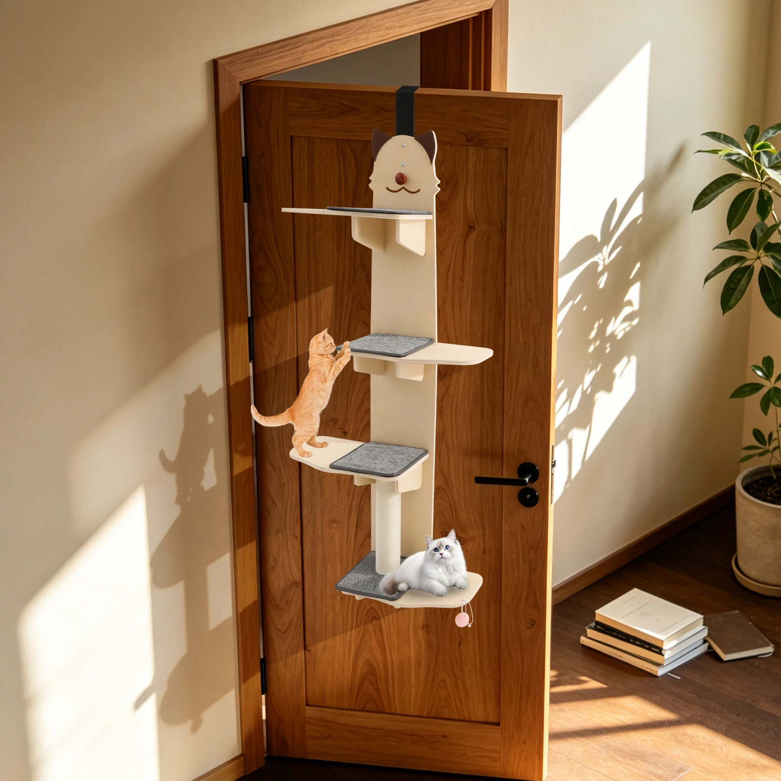 Light Wood Color Solid Wood 4-tier Cat Door Hanger with Tease Ball Practical Accessories Hook-and-loop Fastener for Cats To Climb, Scratch, Play, Rest