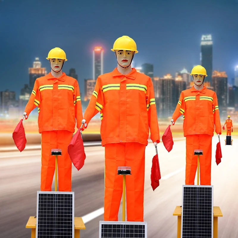Solar energy simulation, traffic commander dummy, highway construction flag waving, road security robot