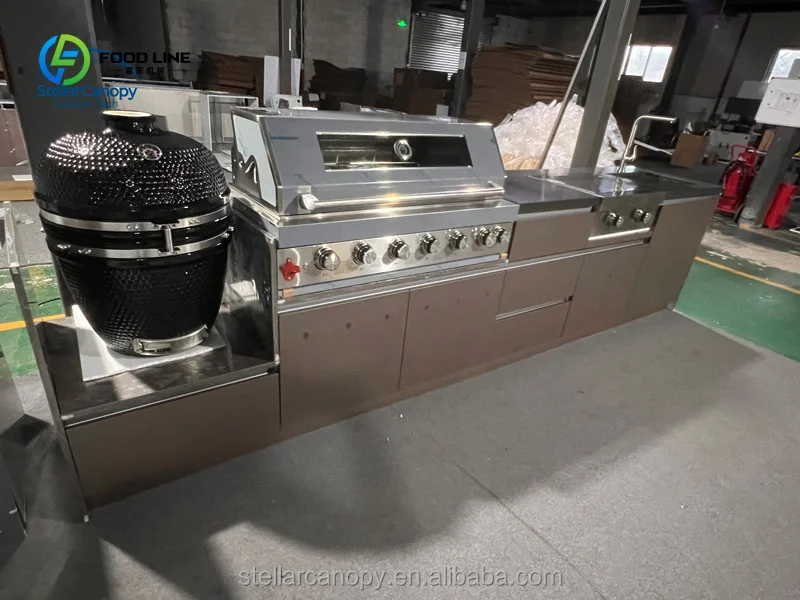 Customized Mobile Outdoor Kitchen Cabinet with Glass Doors Faucet Drawer Basket-Waterproof & Fireproof for Patio Cooking Cabinet