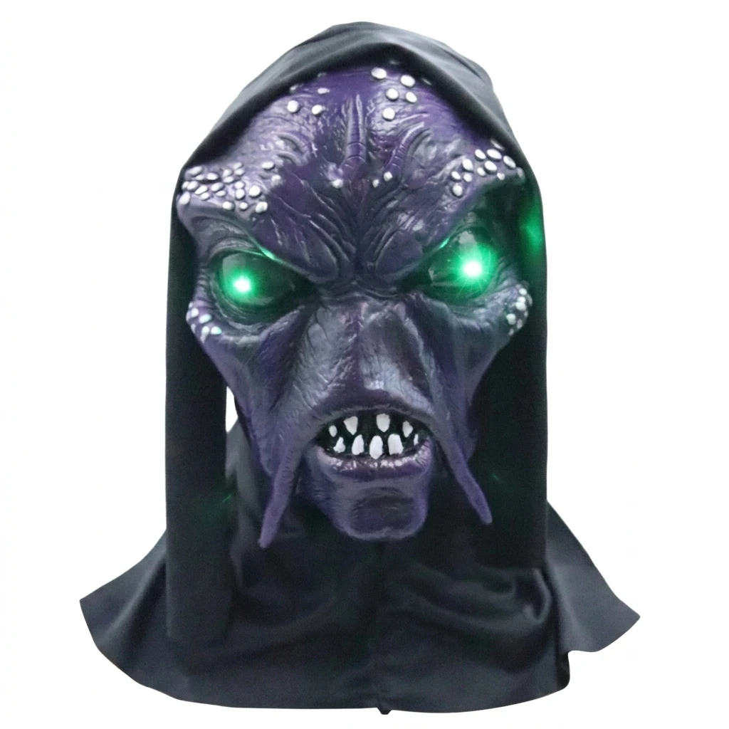 LED Glowing Green Eyes Alien Monster Mask in Purple Latex Full Head Mask with Tendrils Hood Scary Cosplay Party Halloween Props