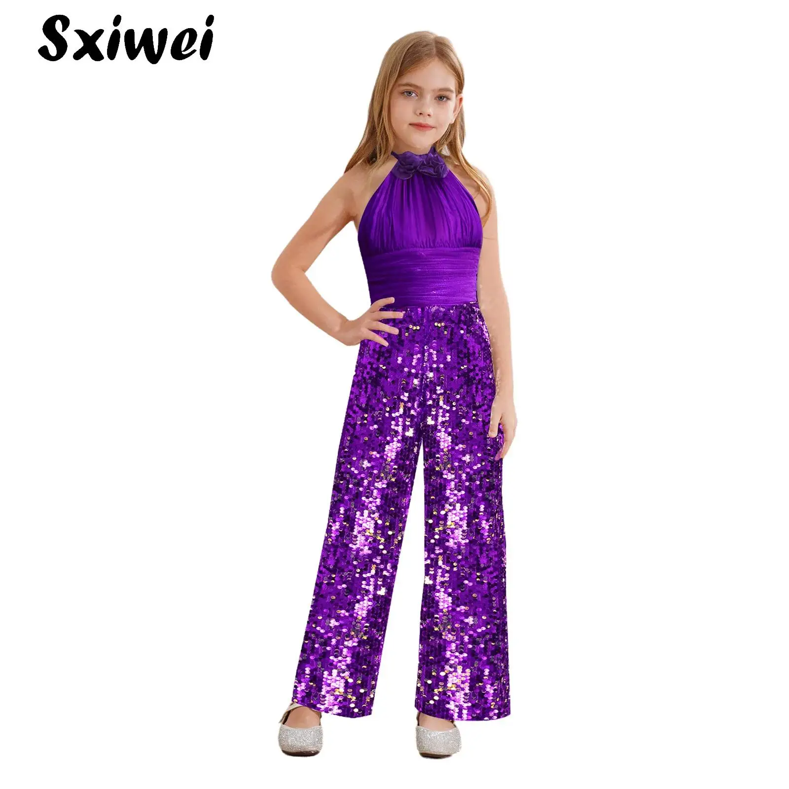 

Kids Girls Shiny Sequined Jumpsuit Pants Birthday Wedding Party Full Body Romper Bodysuit High Waist Wide Leg Pants Formal Gown