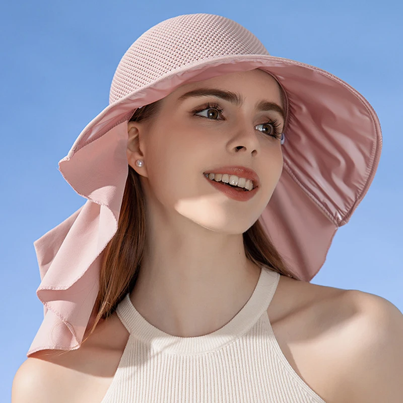 Large Brim Hollow Bucket Hats with Shawl Lightweight Mesh Neck Protection Cotton Sun Hat Summer UV Sunscreen Travel Beach Visors