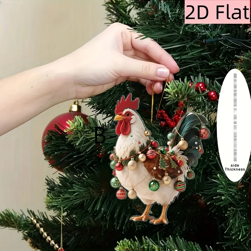 3pcs 2D Acrylic Rooster Christmas Gift Design Gold Thread Pendant for Tree Decoration DIY New Year's Gift Craft