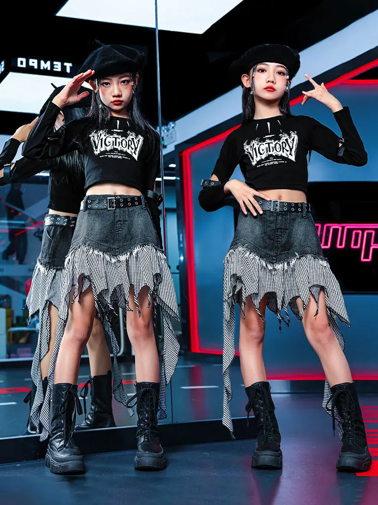 

Kid Hip Hop Clothing Black Slashed Arm Crop Top Long Sleeve T Shirt Denim Checkered Skirt for Girls Jazz Dance Costumes Clothes