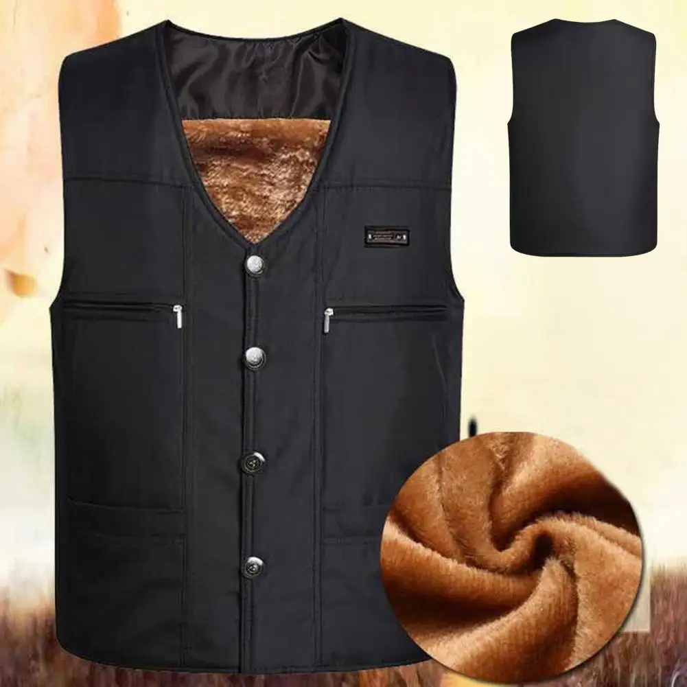 Lightweight Men Vest Mid-aged Father Fishing Waistcoat Thick Plush V Neck Vest with Multi Pockets for Men's Winter Coat Men Vest