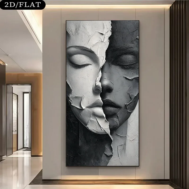 1pc frameless Canvas Painting 2D Flat Large Abstract Face Split in Black & White Canvas Wall Art Unframed Modern Minimalist Canv
