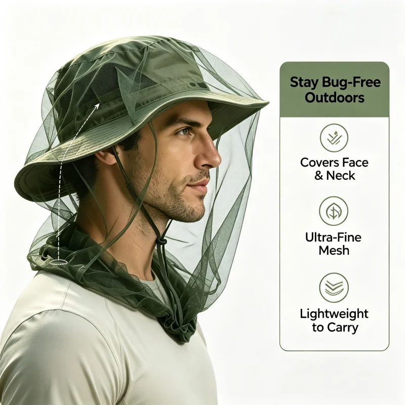 Anti Mosquito Mesh Cap for Outdoor Work, Beekeeping Helmet Fishing Garden Hat, Bug Bite Protection Breathable Head Net for Men
