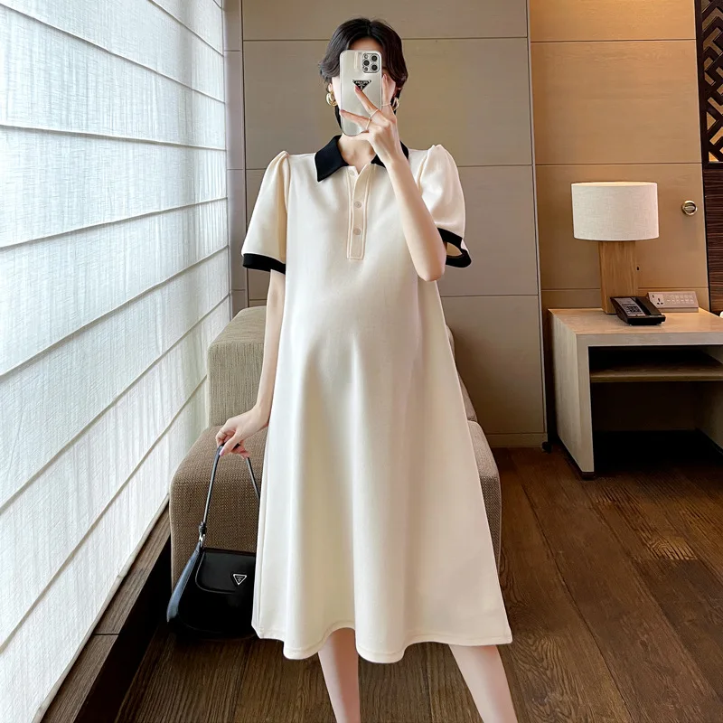 Vestido longo de maternidade para gestantes, decote em O, roupa em linha A, babado elegante, roupa de gravidez, moda coreana, outono