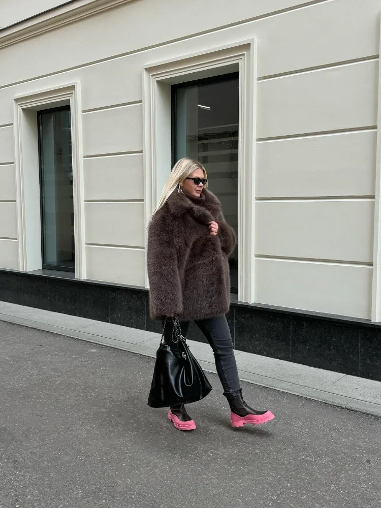 Elegante Pluizige Imitatie Vos Bontjassen Vrouwen Casual Effen Pak Kraag Halflange Jas Vrouwelijke Herfst Winter Verdikte Outwears