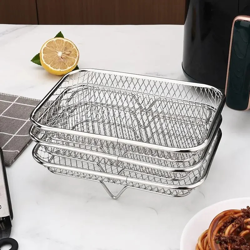 Outdoor Rectangular 304 Stainless Steel Barbecue Net Air Fryer Dehydration Basket Three-layer Steamer Grill Accessories