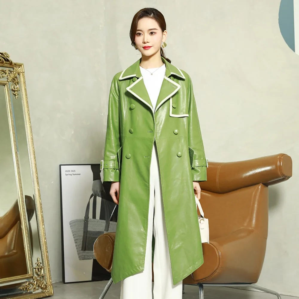2025 New Spring Autumn Genuine Leather Jacket Women Long Sheepskin Trench Coat Slim Fit Outerwear