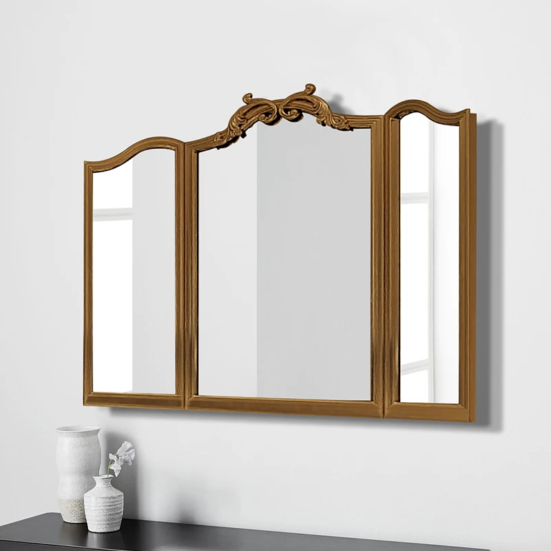Cermin lipat tiga bergaya retro Prancis, cermin kamar mandi, gantung dinding, toilet, lipat, lemari rias kamar tidur, bergaya abad pertengahan, tiga sisi