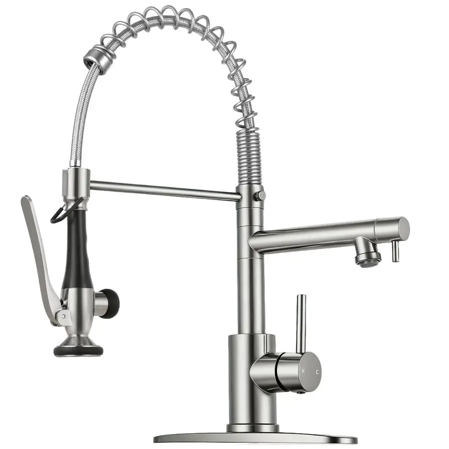 

Faucet with Pull Down Sprayer Brushed Nickel Single Handle Commercial Kitchen Faucets, 2Spout Stainless Steel Spring Pull Out Ki