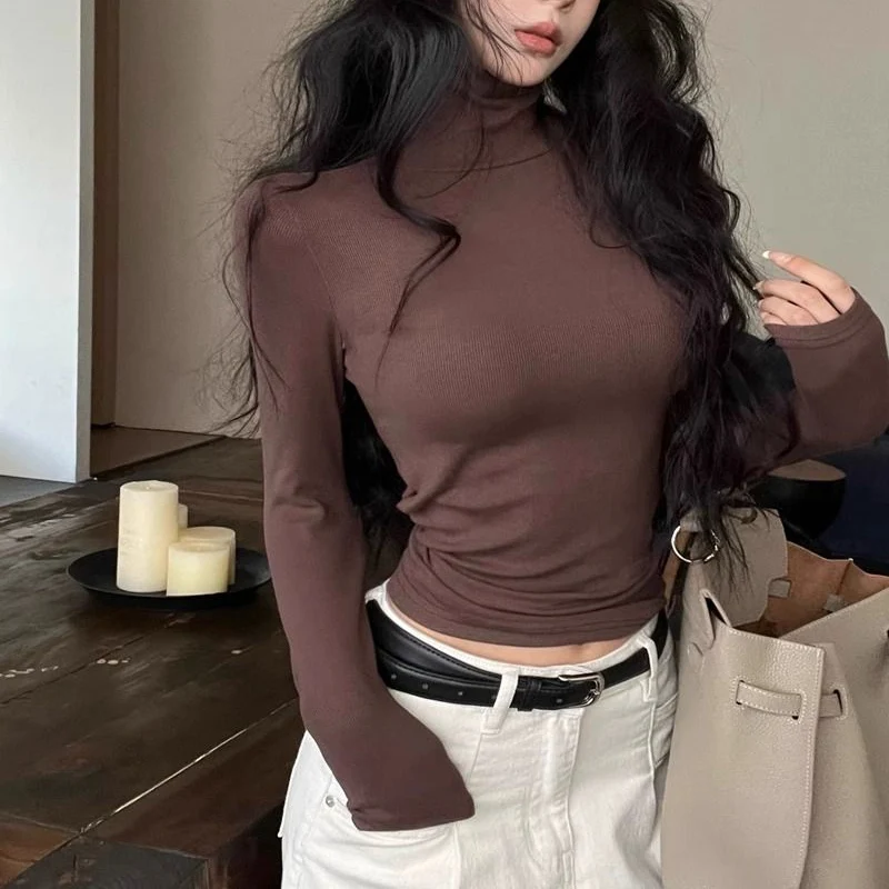 Otoño Invierno mujeres cuello alto sólido Tops mujer coreana térmica ropa de manga larga niñas cómodos jerseys elásticos