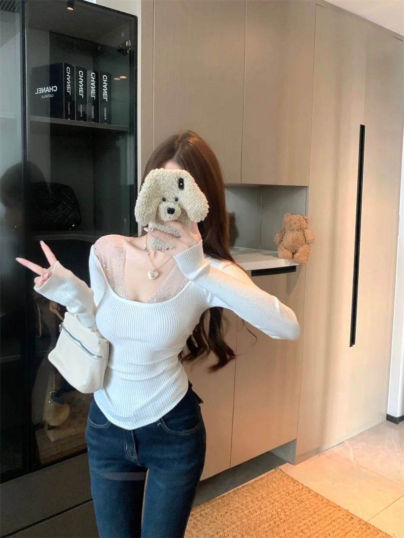 

Pure Desire Sle Long Sve Knitted Sweater Women's Spring Heavy Rhinestone Trim Fit on Stri False Two-Piece Top