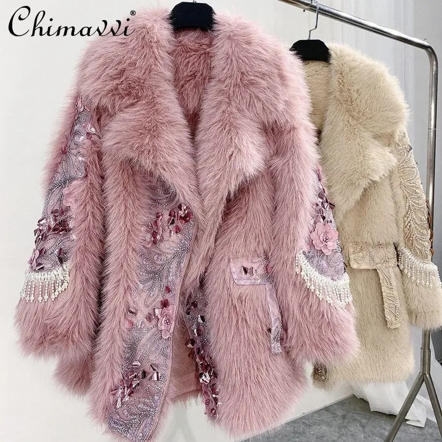 High Street Elegant Sweet All-matching 2022 Winter New Fur Integrated Sequined Diamonds Top Women's Lamb Wool Coat Fashion