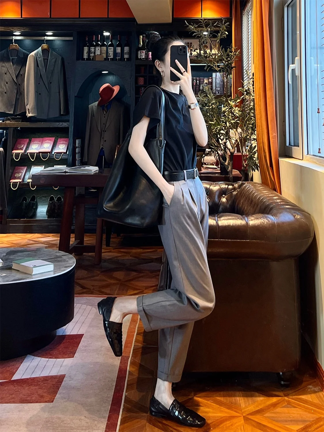 Calças de Cintura Alta Afuniladas Femininas, Leggings de Comprimento 7/8, Design Clássico Simples, Calças de Terno para Negócios