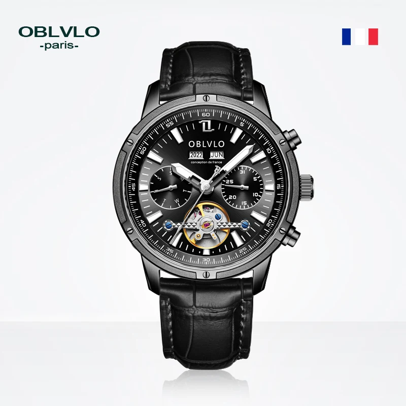 OBLVLO Luxury Automatic Mechanical Watch Tourbillon Watches For Men Super Luminous Watch All Black Strap Watch Waterproof CM-T