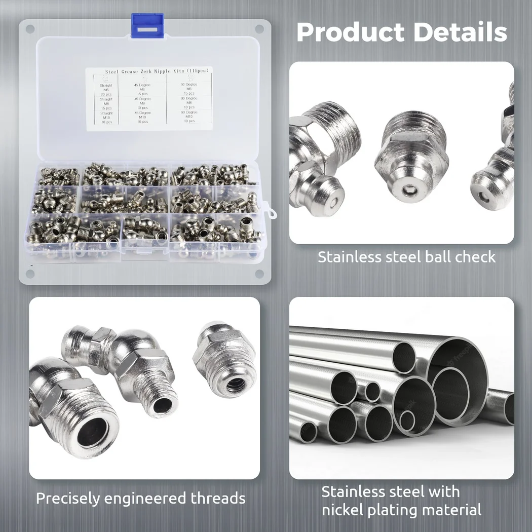 그리스 피팅 키트 금속 M6 M8 M10 스트레이트 45 도 90 도 제크 모듬 그리스 니플 피팅 모듬 도금 니켈, 115 개