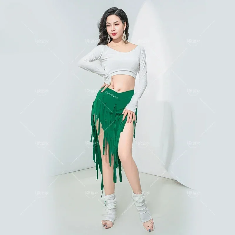 Belly Dance Costume for Women Winter Long Sleeves Top and Short Fringe Skirt Training Clothing Girl's Oriental Bellydance Wear