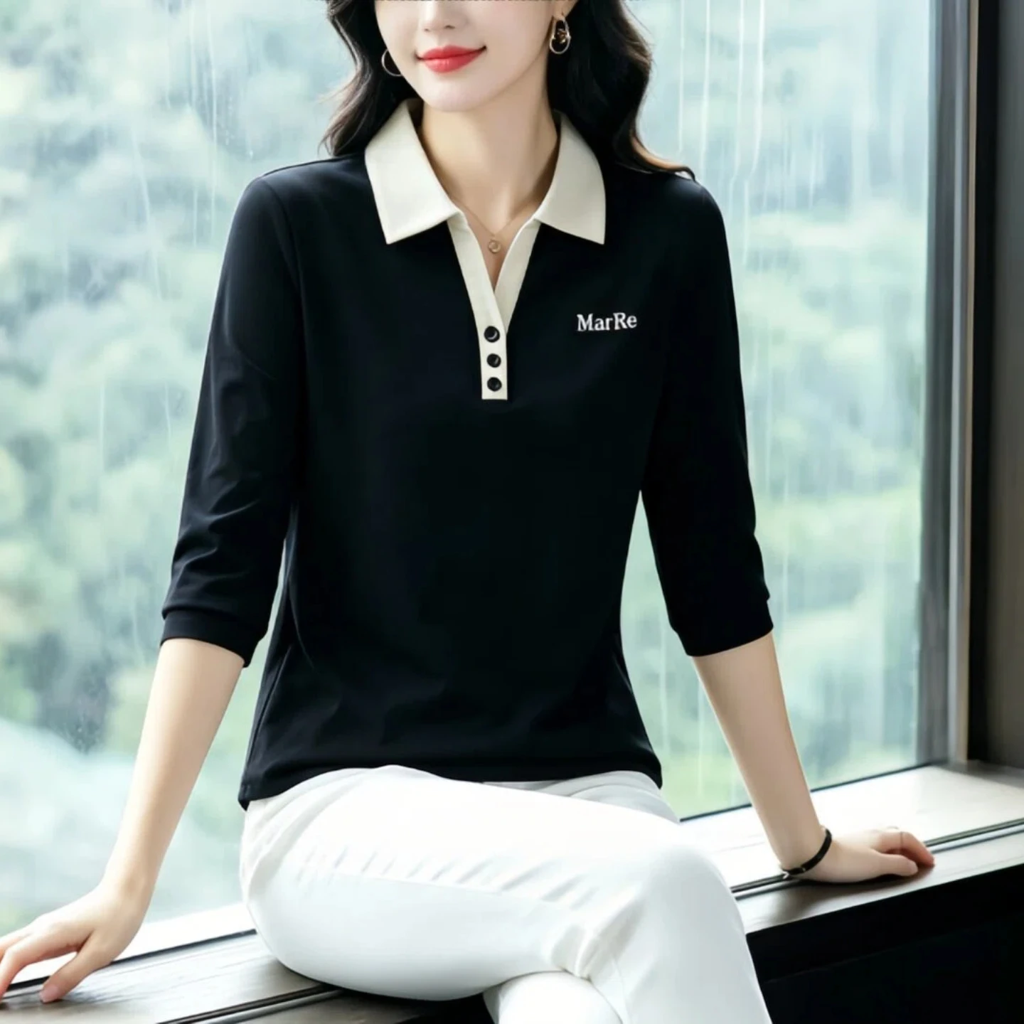 Elegant Long Sleeve Collared T-Shirt for Women Mid-Aged And Elderly Fashionable Age-Defying Commute-Inspired Mommy Wear