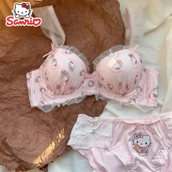 Sanrio Hello Kitty Seamless Bra Set Women Sexy Lace Cartoon Lingerie Set Vneck Sport Brassiere Female Cotton Underwear Set