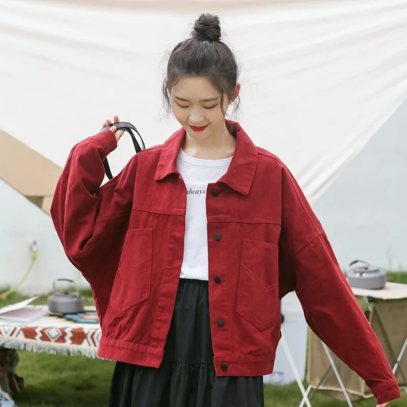 2025 Moda mujer Vino suelto - Vaquero rojo Retro Hong - Estilo Béisbol Ins Ropa de abrigo de otoño de moda