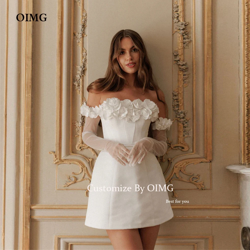 OIMG A Line Short Wedding Dresses Long Sleeves Flowers Off The Shoulder Bridal Gowns Satin Corset Back Party Gowns mariée 2024