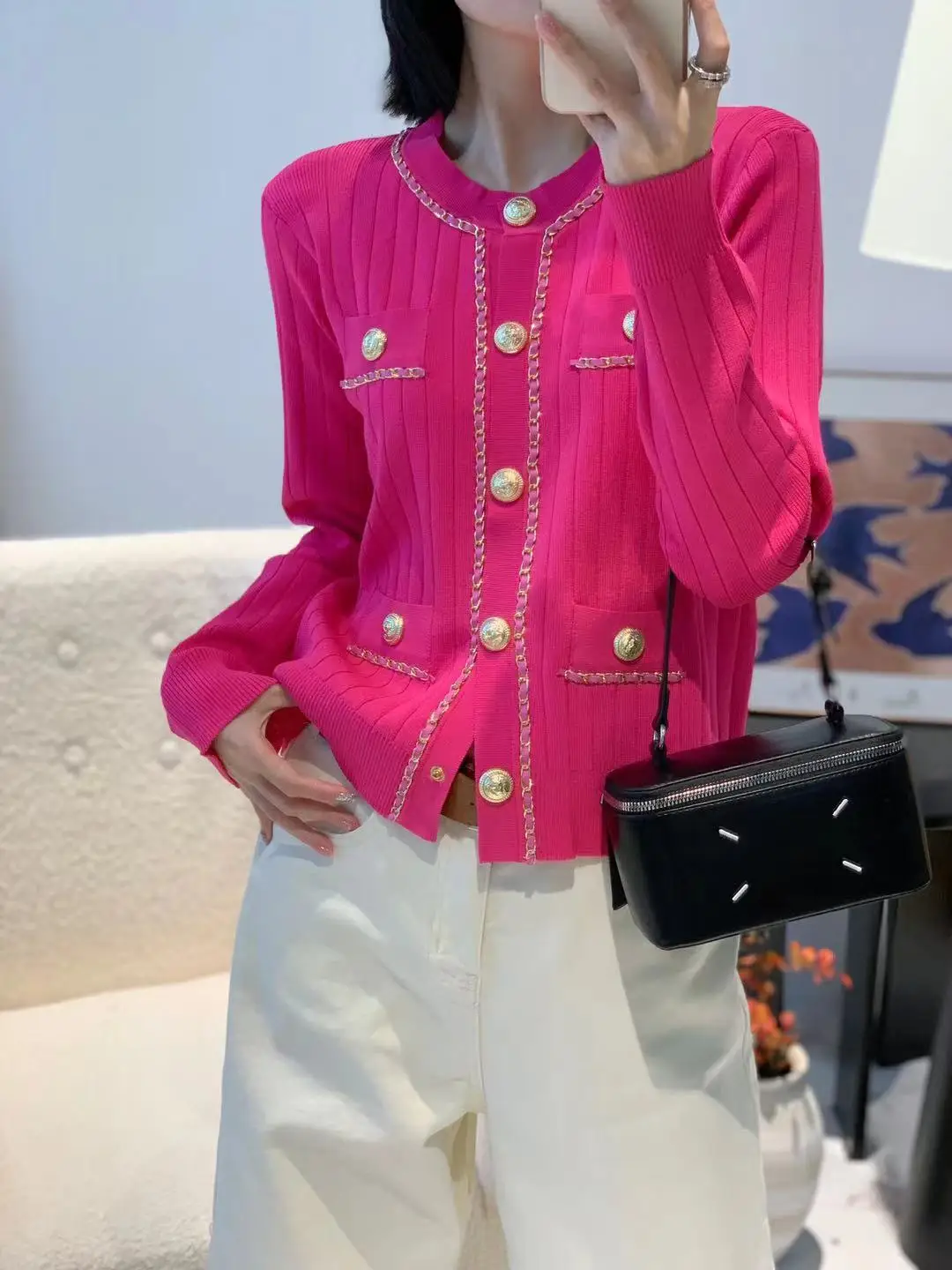 

Ele Autumn Winter Knitted Long Sve round Ne Open Cardigan Women's Top Gold Chain Detail High End Faion Sense