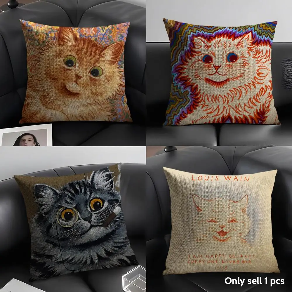 L-Louis W-Wain  Cat Cushion Cover Natural Linen Organic Fabric Double-Sided Printing Breathable Perfect Gift for Decor