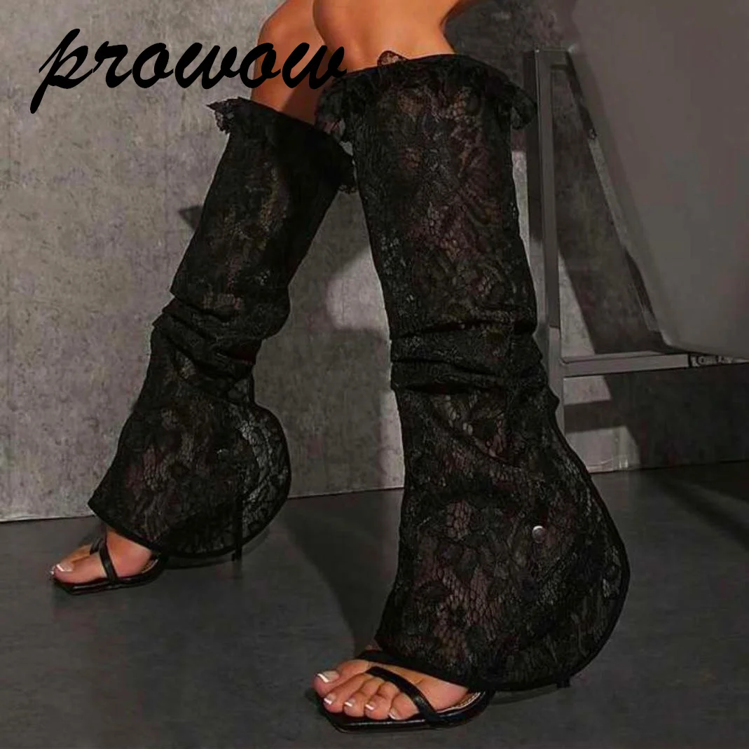 

Prowow/Новые черные пикантные кружевные сапоги до колена с открытым носком, сандалии на тонком высоком каблуке, женская обувь, Zapatos Mujer