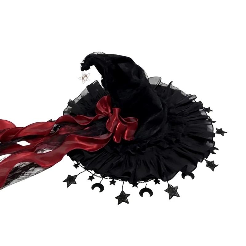 DXAE Pointed Costume Witch Hat with Soft Touch Lace Ruffled Edge and Moon Charm Accent for Halloween Party Styling and Photo Use