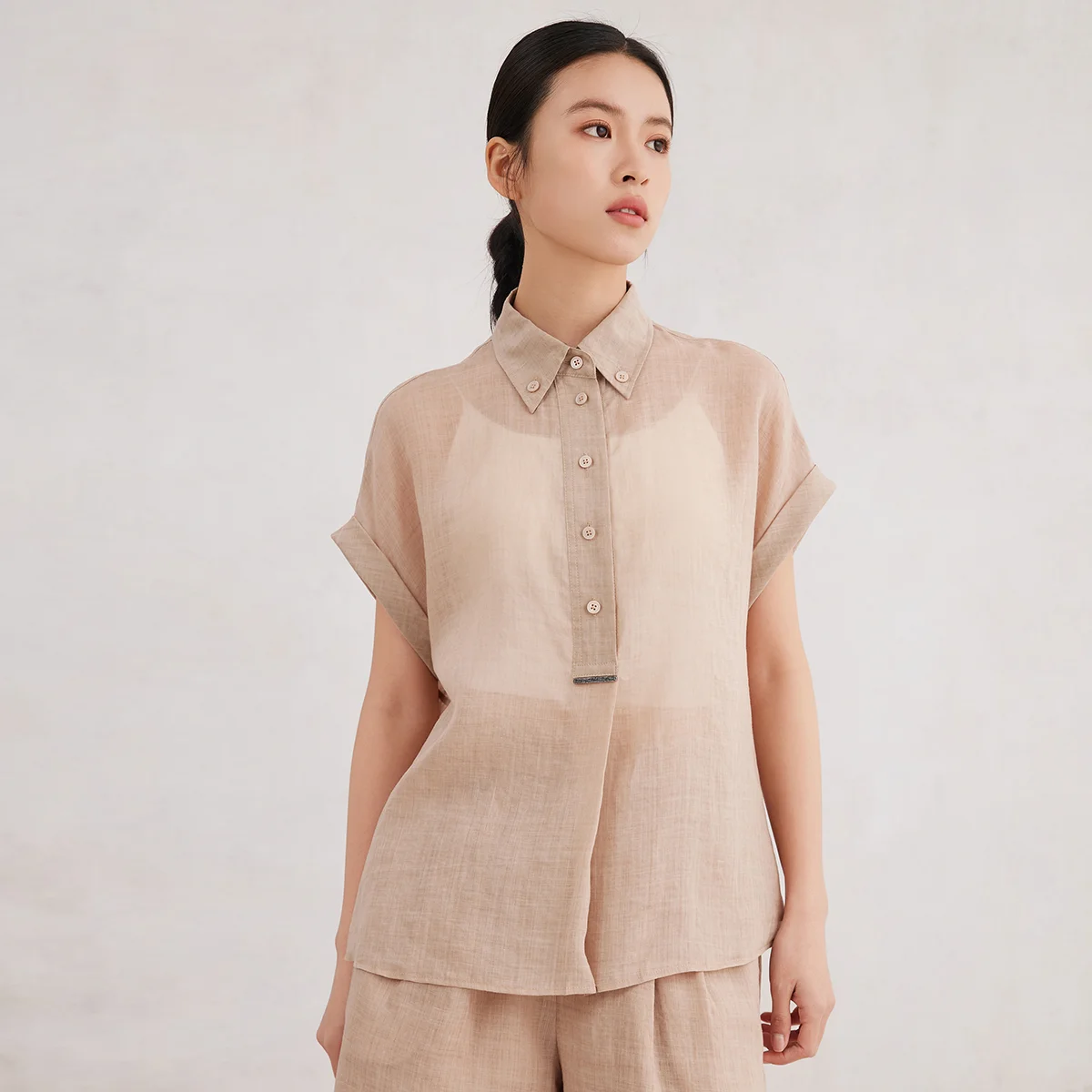 

K3133X Women's High Quality Linen Blended Polo Collar Shirt Fashionable Casual Wear for Ladies