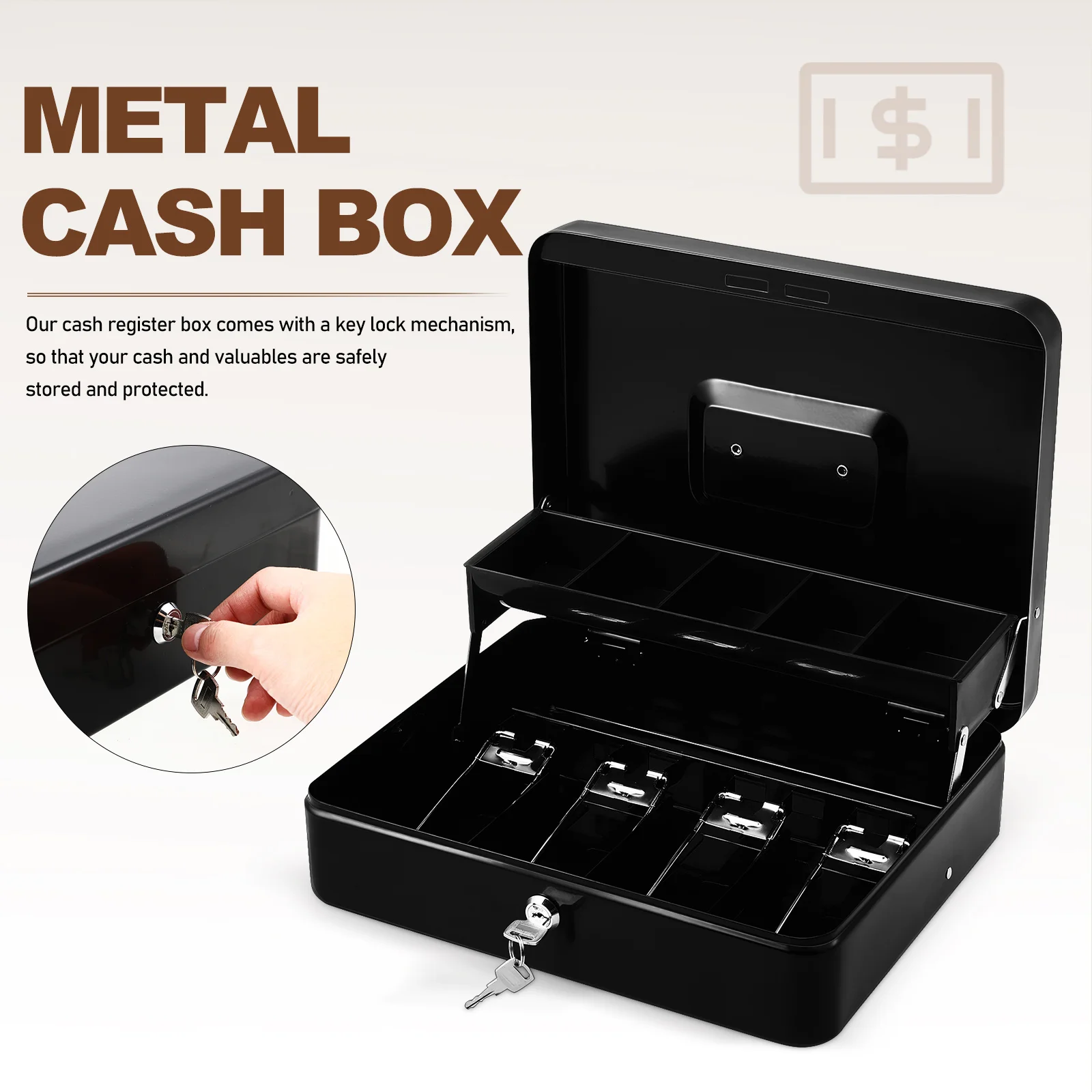 تسجيل المدفوعات النقدية درج المال المنظم سعة كبيرة مفتاح الحديد الأعمال الصغيرة درج النقدية المحمولة