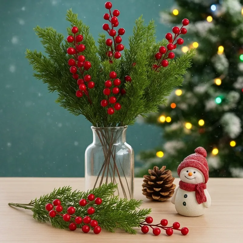 Ramos de pinheiro artificiais, azevinho de natal, frutas vermelhas, hastes para árvore de natal, decorações de guirlanda diy, decoração de casa de natal