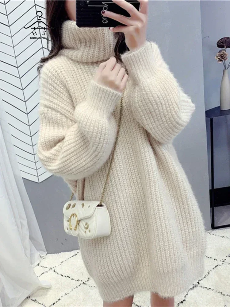 

Women's Sweater Dress High Neck Long Sleeve Tops Autumn Winter New Mid Length Knitted Comfortable Versatile Sweater Women