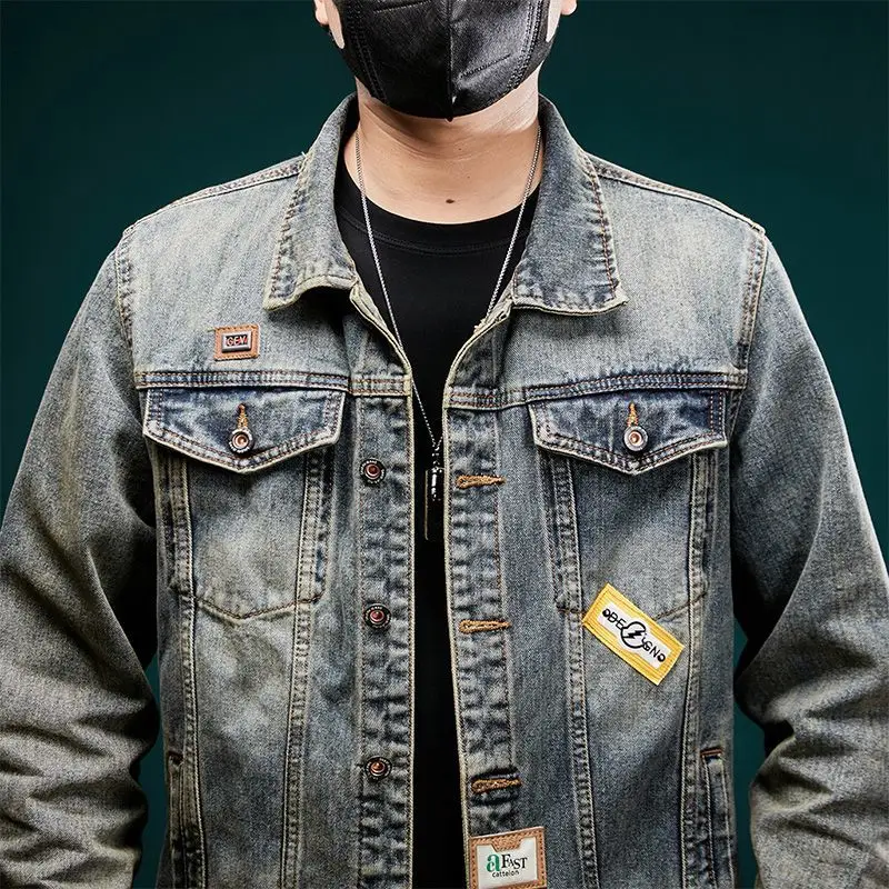 Vintage loose locomotive style embroidery fashion men's denim jacket denim jacket top men