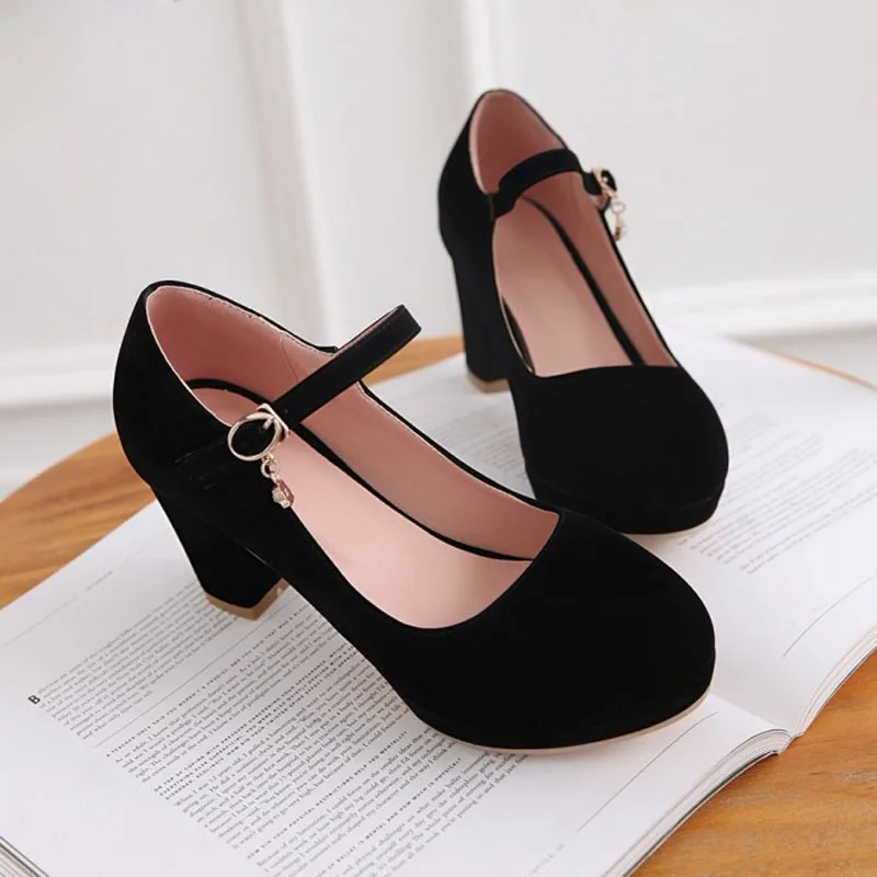 

Classic Women Suede High Heels Mary Janes Shoes Solid Color Round Toe Thick-heeled Shoes Woman Pumps for Spring Autumn WSH5248