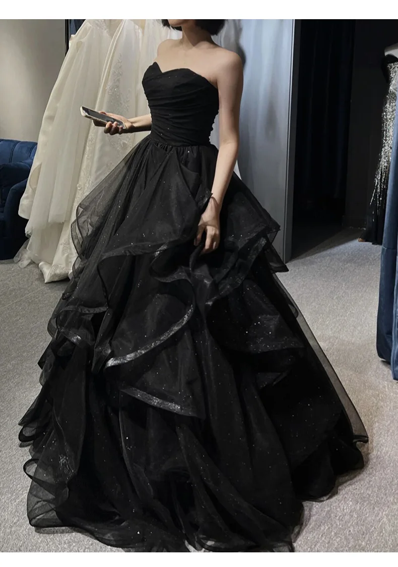 Temperament Black Elegant Wedding Party Dresses Strapless Tiered Draped Graduate Robe 2025 New Ball Gown Formal Dress Quinceaner