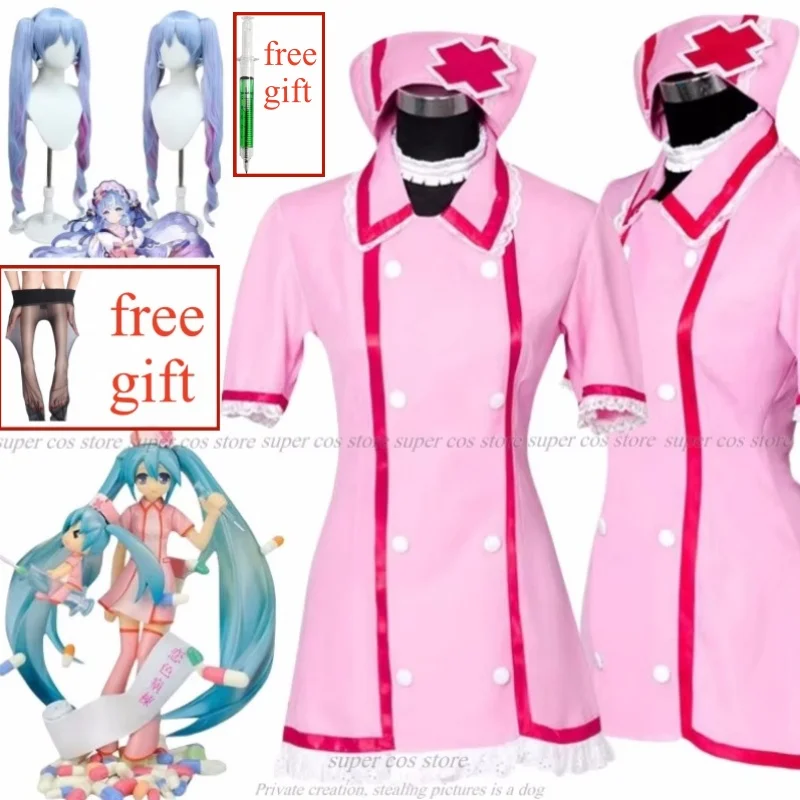 女性のための漫画のコスプレコスチュームピンクのナースドレス帽子と靴下付きのユニフォームハロウィーンパーティーの衣装