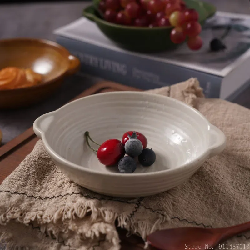 1pc Creative Japanese Style Ceramics 7 inch With Two Ears Bowl Household Kitchen Restaurant Supplies Food Salad Fruit Tableware