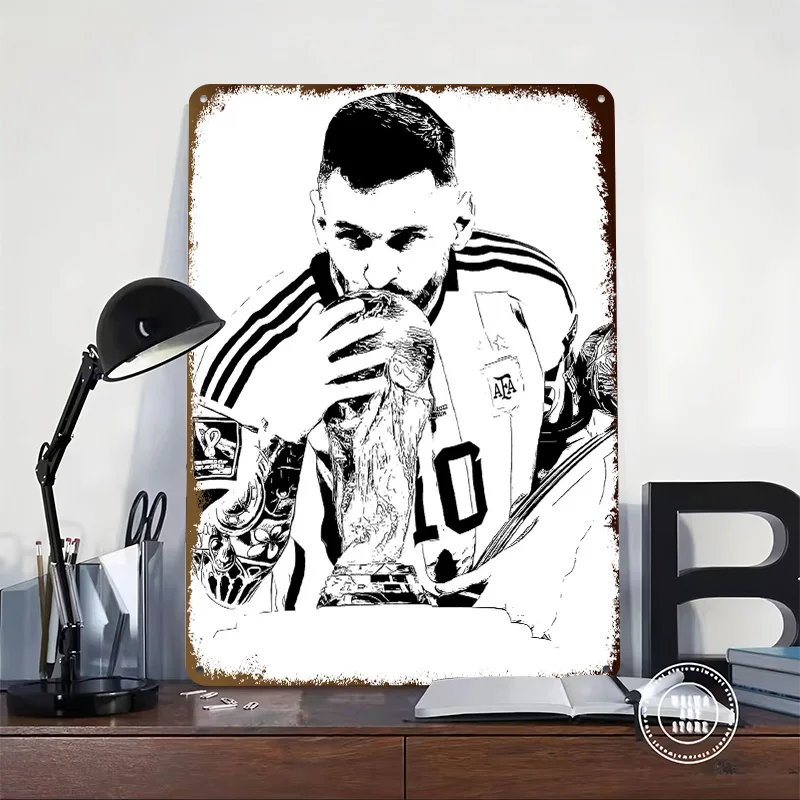 Messi Kissing Trophy 3D Texture Printed Poster Custom Vintage Metal Tin Plate Sign for Wall Art Decoration At Home Decor Items