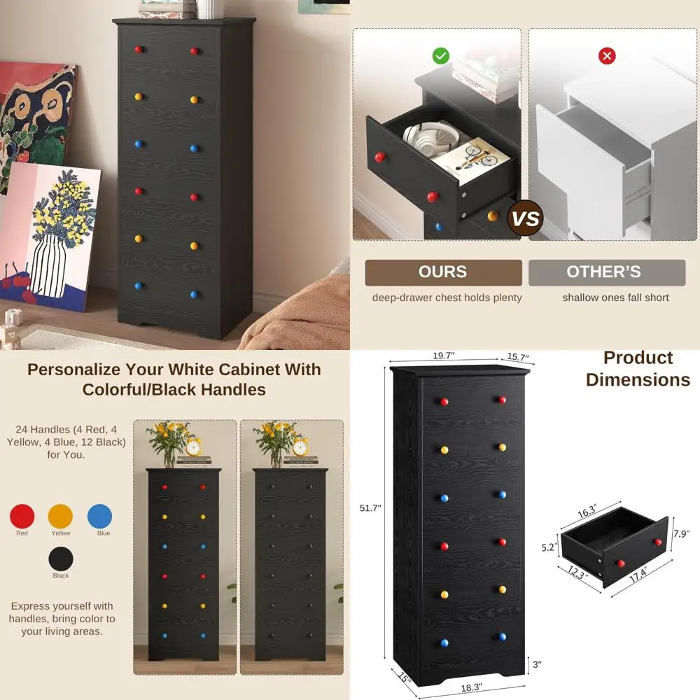 tall skinny dresser, 6 drawer dresser tall with colorful handles, chest of drawers for bedroom, 51.5
