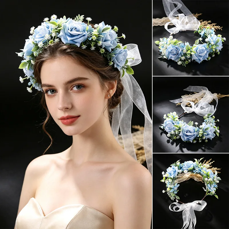 Haze Blue Flower Hair Hoop with Long Tulle Ribbon for Outdoor Wedding Engagement Women Girls Headwear
