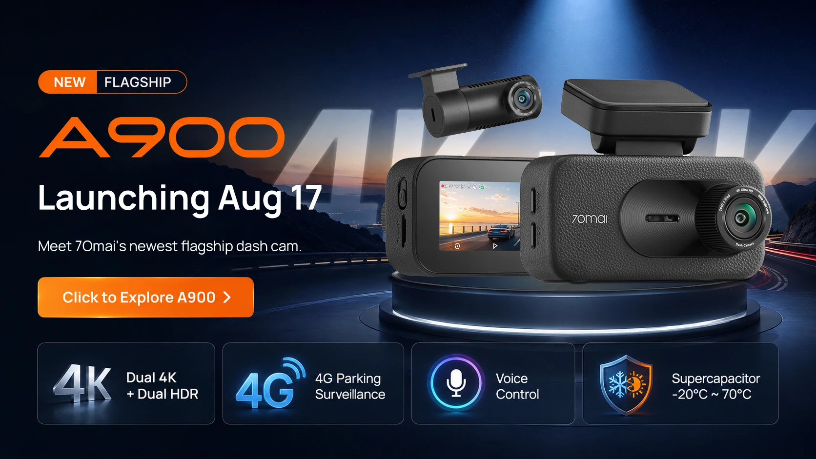 70mai Dashcam 4K T800E 3-Kanal Vorne Hinten Innen 3-in-1 Sprachsteuerung 24H Parküberwachung Superkondensator GPS 1080P Rückkamera Auto-DVR Drei Kameras, GPS und WLAN, geeignet für den Einsatz in extremen Umgebungen. – Detail 1
