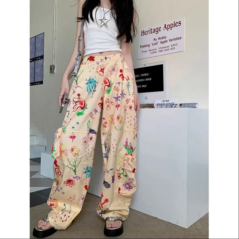 2024 Women Graffiti Color Cargo Pants Hip Hop Korean Fashion Printing High Waist Casual Summer Thin Wide Leg Sport Trousers Y2k