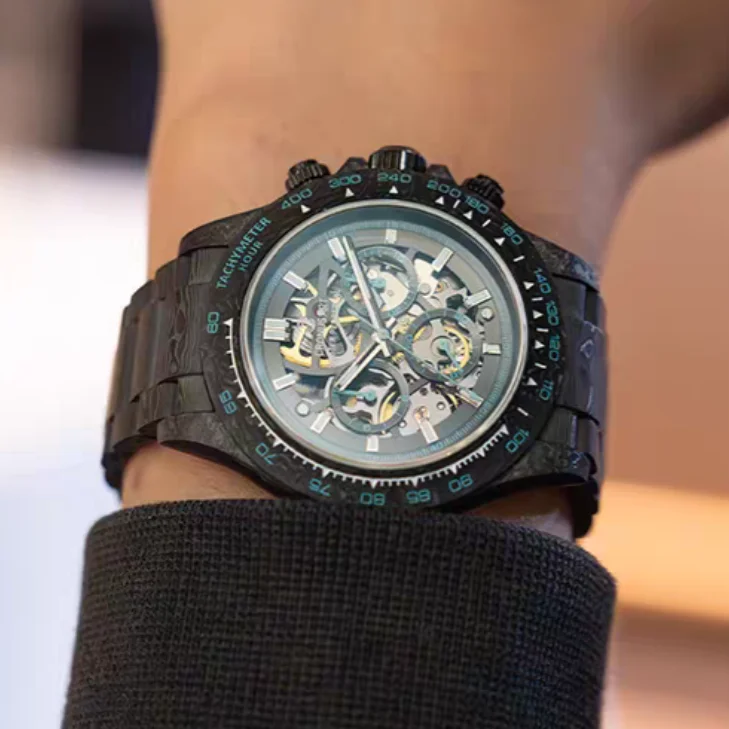 CRONUSART Men Chronograph Watch 42mm Automatic Mechanical Wristwatch Full Carbon Fiber Luminous Sapphire Mirror Skeleton Dial