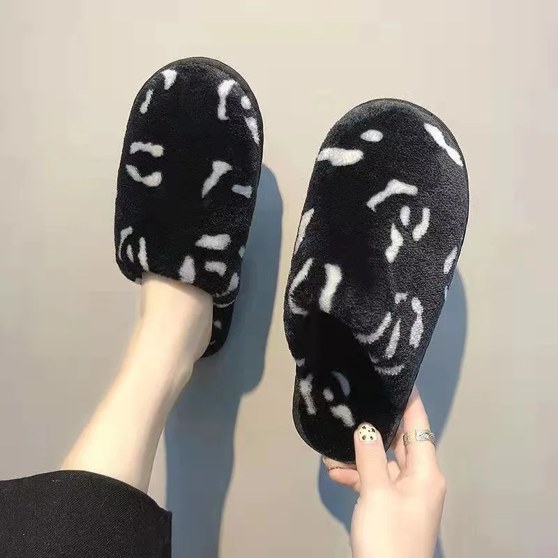 Women Plush House Slippers Leopard Print Warm Soft Flat Shoes Indoor Footwear Autumn Winter 2023 New Fluffy Furry Home Shoes