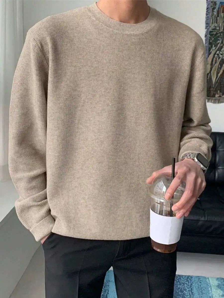 

Men's Beige Crew Neck Knit Sweater, Lightweight Casual Long Sleeve Top for Autumn